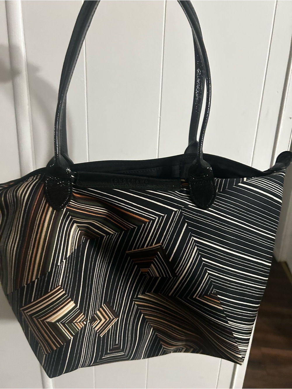 Longchamp Black Multicolor Geometric Stripe Satchel - Picture 7 of 8